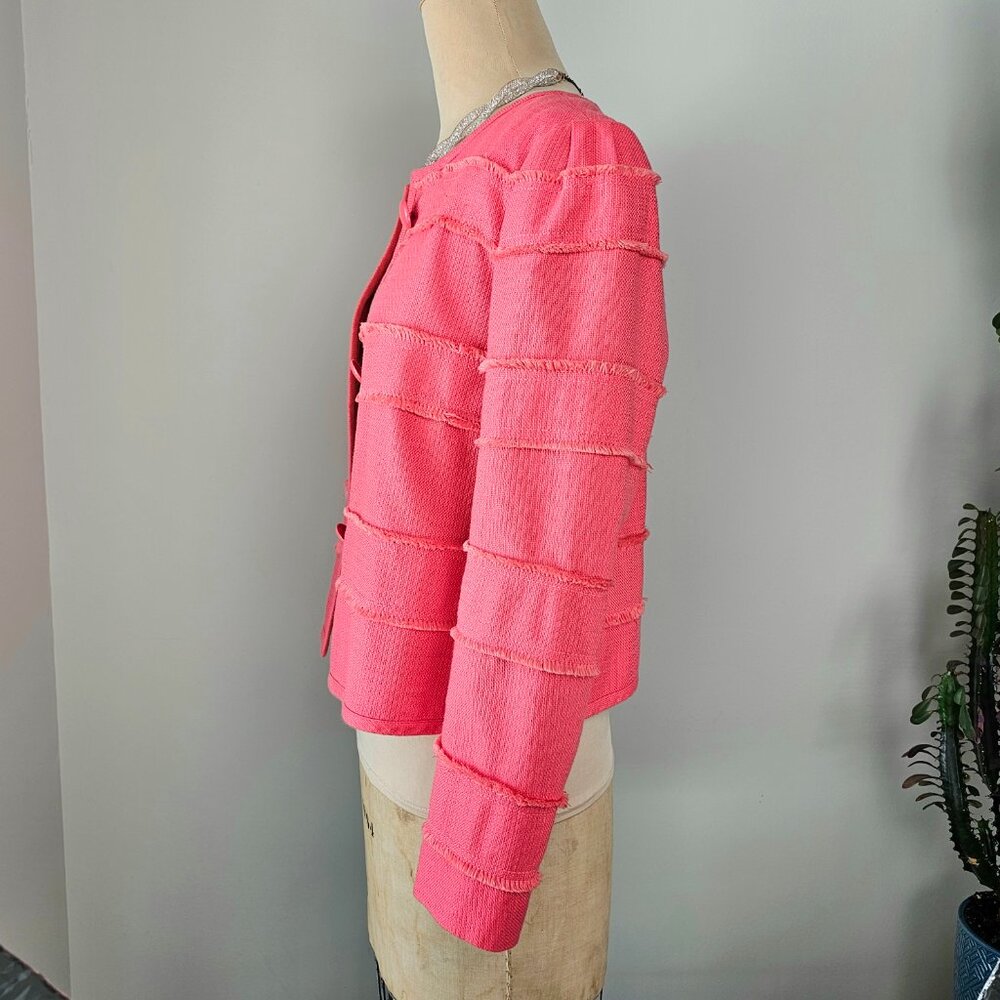 J.Crew Coral Fringe-Trim Cropped Jacket Size 10 Raw Edge Tiered Statement Blazer - Picture 9 of 13
